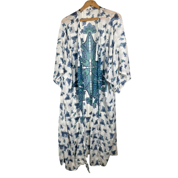 Dizzire Sheer Kimono Wrap Cover Up Long 1X White Blue Sheer Gypsy Boho Festival - Picture 2 of 10